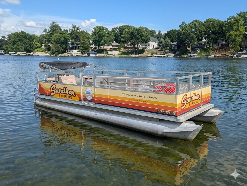 Pontoon boat named 'Sandbar Express' on a lake with trees and houses in the background.