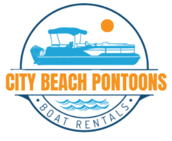 Logo with pontoon boat, sun, 'City Beach Pontoons' and 'Boat Rentals' text in circle.