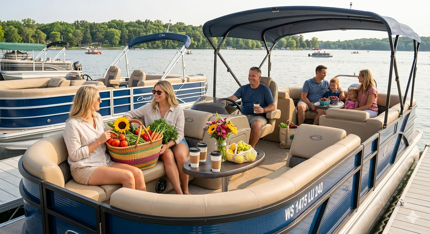 People relaxing on a pontoon boat with food and flowers.