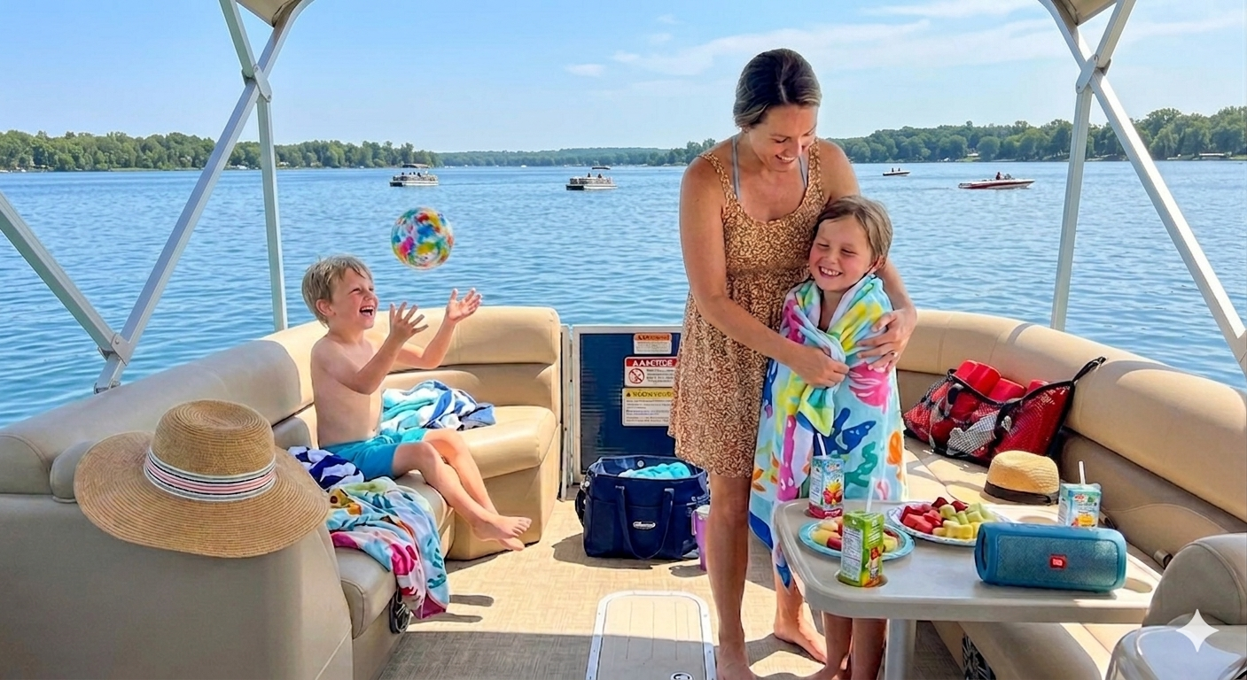 Woman with two children on a boat, surrounded by towels and bags on a sunny day.