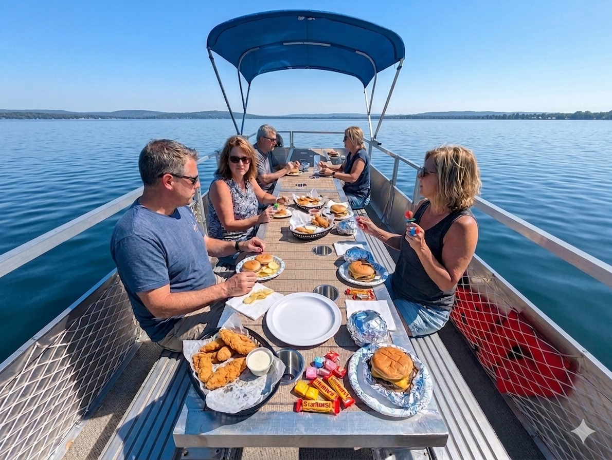 People dining on a boat with food and beverages, surrounded by a lake view.
