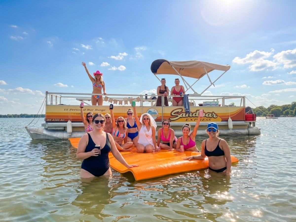 Group of people enjoying a sunny day on a boat and float in shallow water.