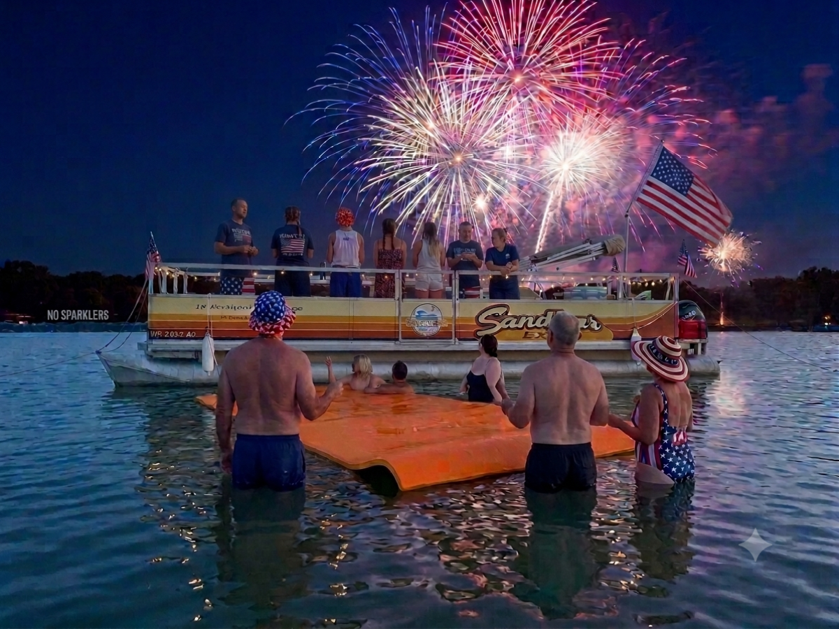 People on a boat and in water watching fireworks at night, American flags visible.